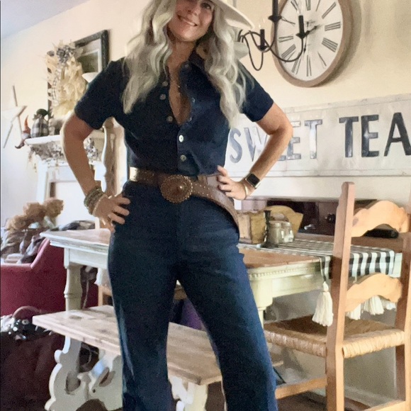 Jessica Simpson blue medium wash denim flare leg Cammie ventura Jumpsuit size 26 - Picture 1 of 5